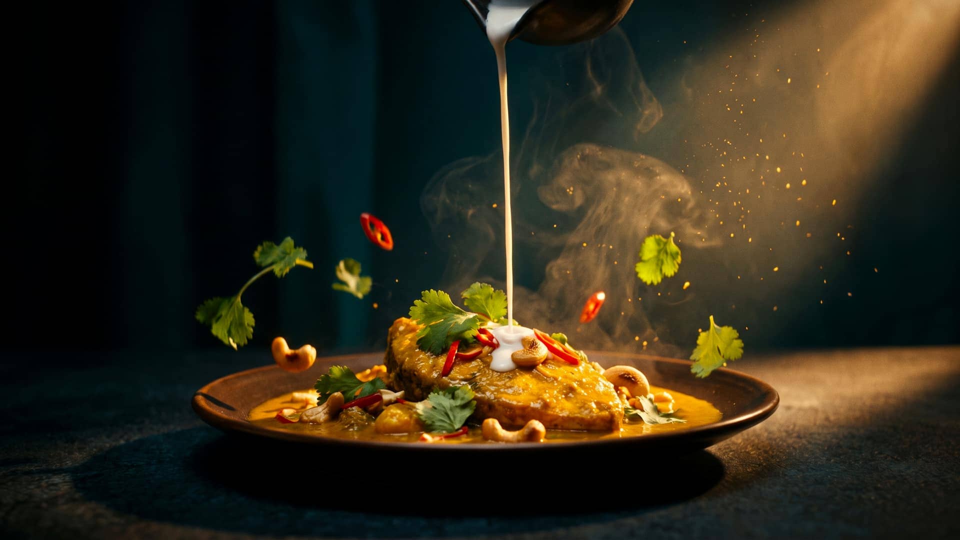 A resort-plated golden fish curry on dark ceramic, scattered with coriander, chilli slivers and cashews, with coconut cream being drizzled from above
